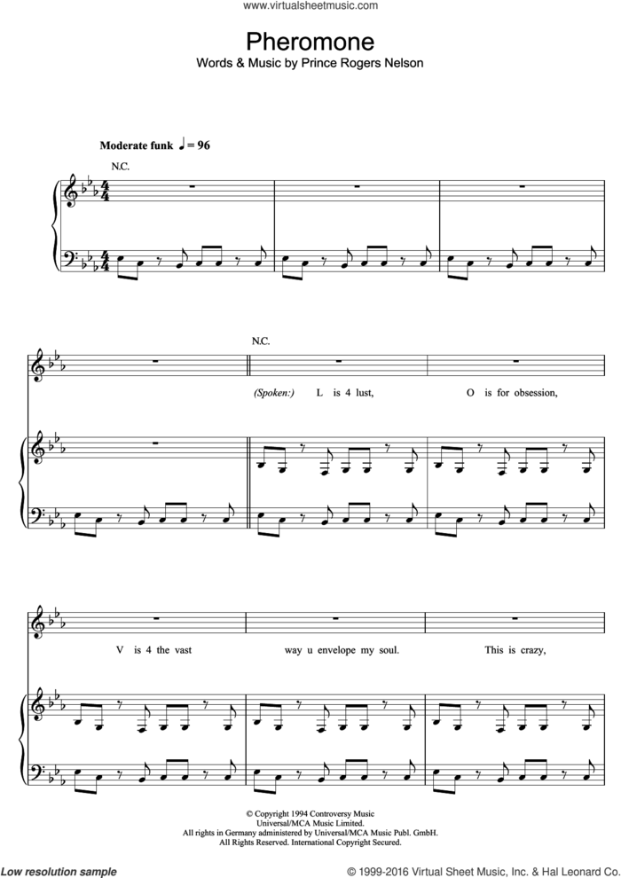 Pheromone sheet music for voice, piano or guitar by Prince and Prince Rogers Nelson, intermediate skill level