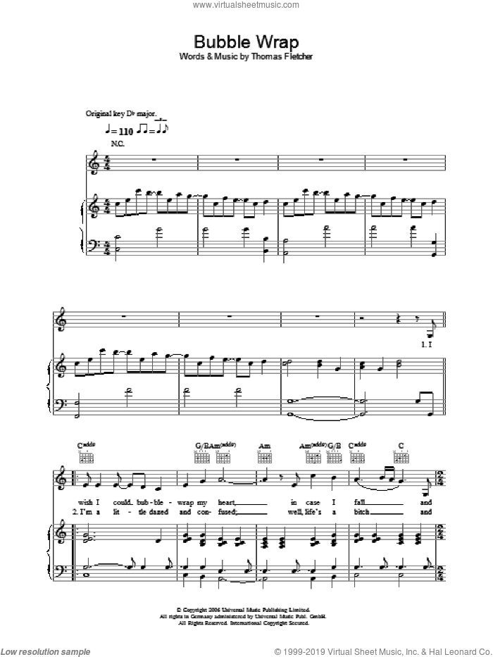 Bubble Wrap sheet music for voice, piano or guitar by McFly and Thomas Fletcher, intermediate skill level