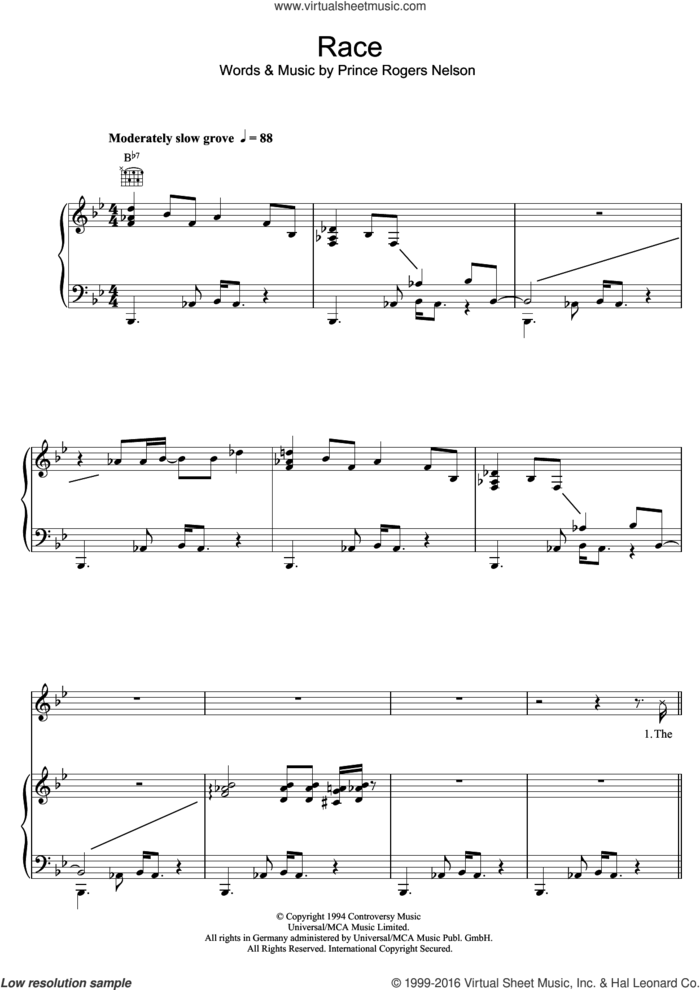 Race sheet music for voice, piano or guitar by Prince and Prince Rogers Nelson, intermediate skill level