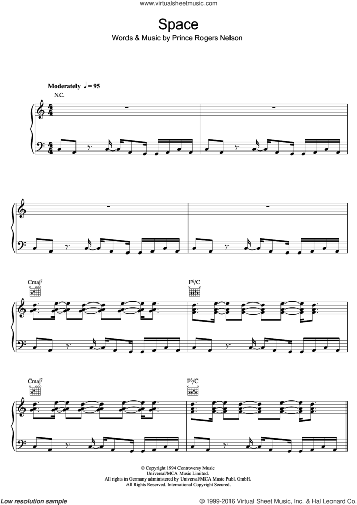 Space sheet music for voice, piano or guitar by Prince and Prince Rogers Nelson, intermediate skill level
