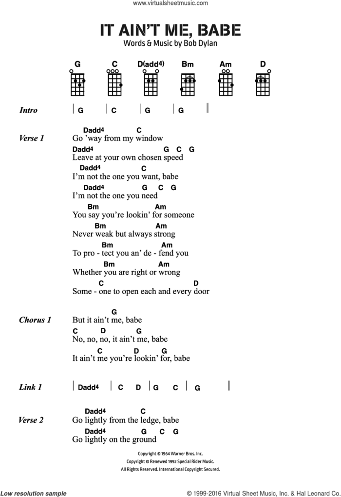 It Ain't Me Babe sheet music for voice, piano or guitar by Bob Dylan, intermediate skill level