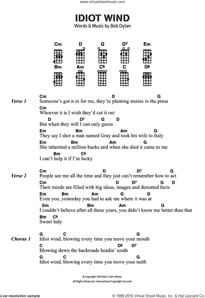 Idiot Wind sheet music for voice, piano or guitar by Bob Dylan, intermediate skill level