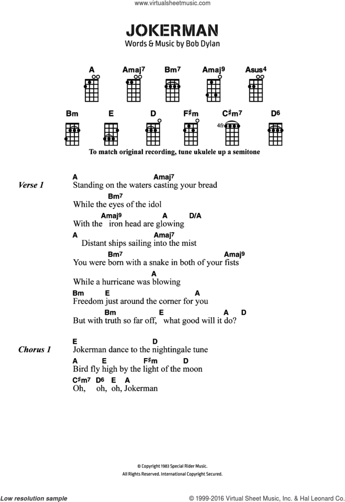 Jokerman sheet music for voice, piano or guitar by Bob Dylan, intermediate skill level