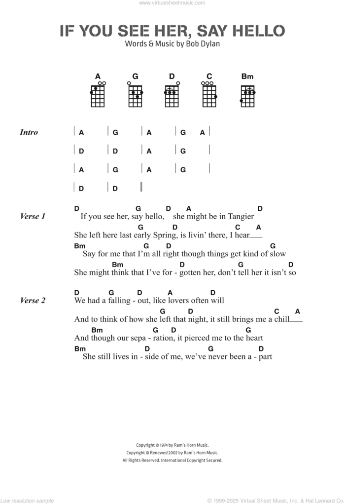 If You See Her, Say Hello sheet music for voice, piano or guitar by Bob Dylan, intermediate skill level