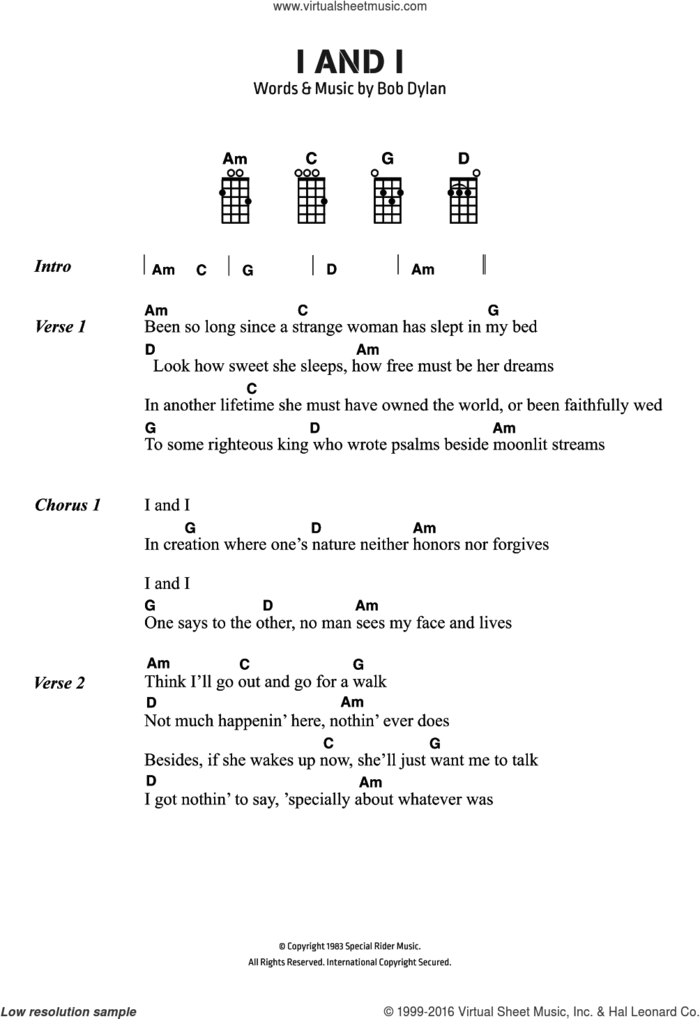 I And I sheet music for voice, piano or guitar by Bob Dylan, intermediate skill level