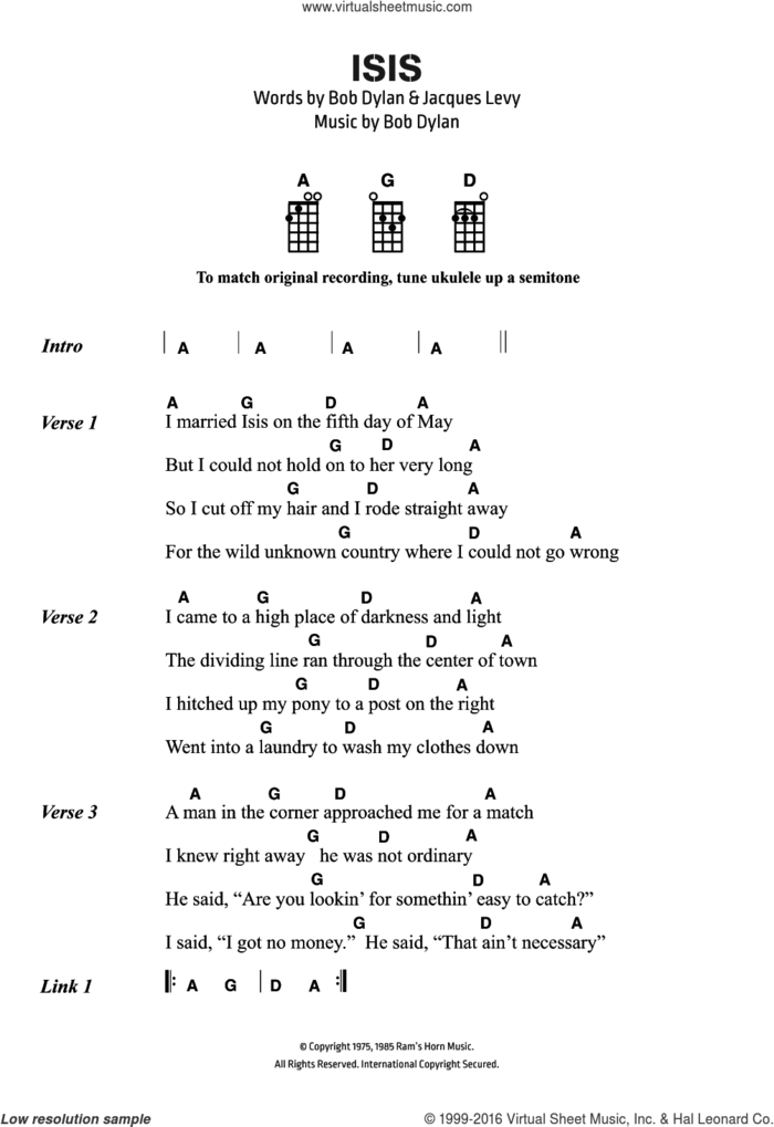 Isis sheet music for ukulele (chords) by Bob Dylan and Jacques Levy, intermediate skill level