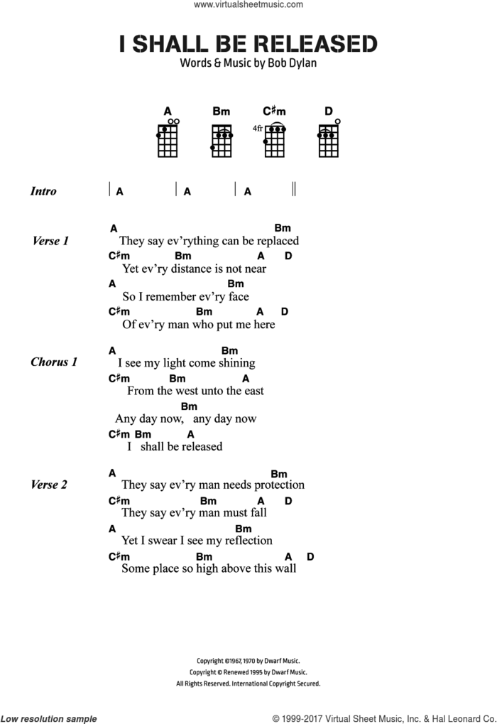 I Shall Be Released sheet music for ukulele (chords) by Bob Dylan, intermediate skill level
