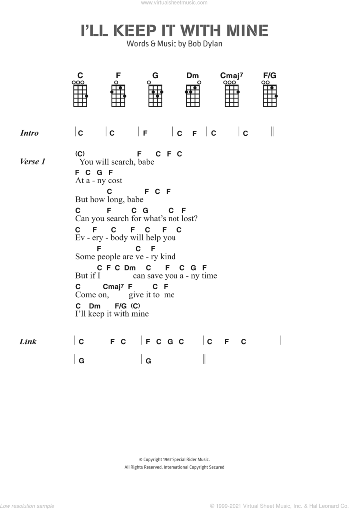I'll Keep It With Mine sheet music for ukulele (chords) by Bob Dylan, intermediate skill level