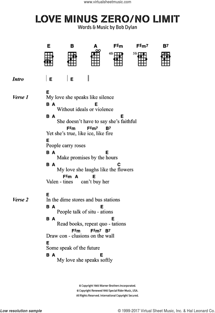 Love Minus Zero/No Limit sheet music for guitar (chords) by Bob Dylan, intermediate skill level