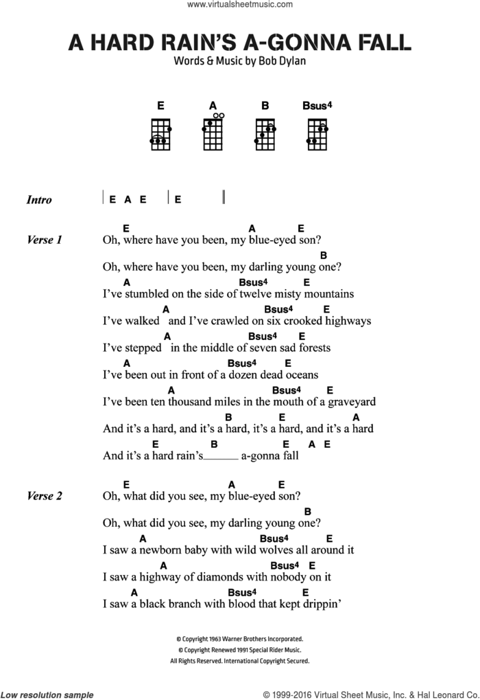 A Hard Rain's A-Gonna Fall sheet music for voice, piano or guitar by Bob Dylan, intermediate skill level