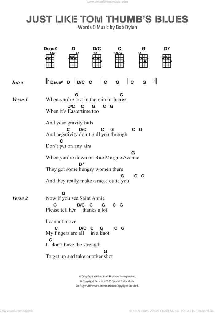 Just Like Tom Thumb's Blues sheet music for voice, piano or guitar by Bob Dylan, intermediate skill level