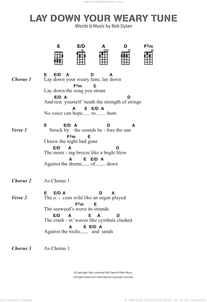 Lay Down Your Weary Tune sheet music for voice, piano or guitar by Bob Dylan, intermediate skill level