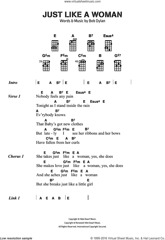 Just Like A Woman sheet music for ukulele (chords) by Bob Dylan, intermediate skill level