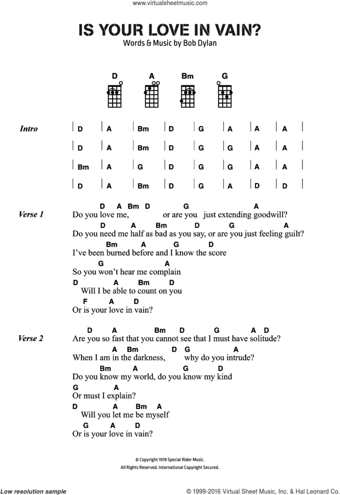 Is Your Love In Vain sheet music for voice, piano or guitar by Bob Dylan, intermediate skill level