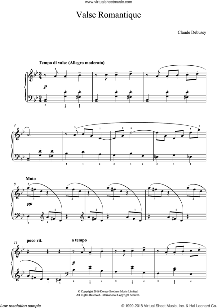 Valse Romantique, (easy) sheet music for piano solo by Claude Debussy, classical score, easy skill level