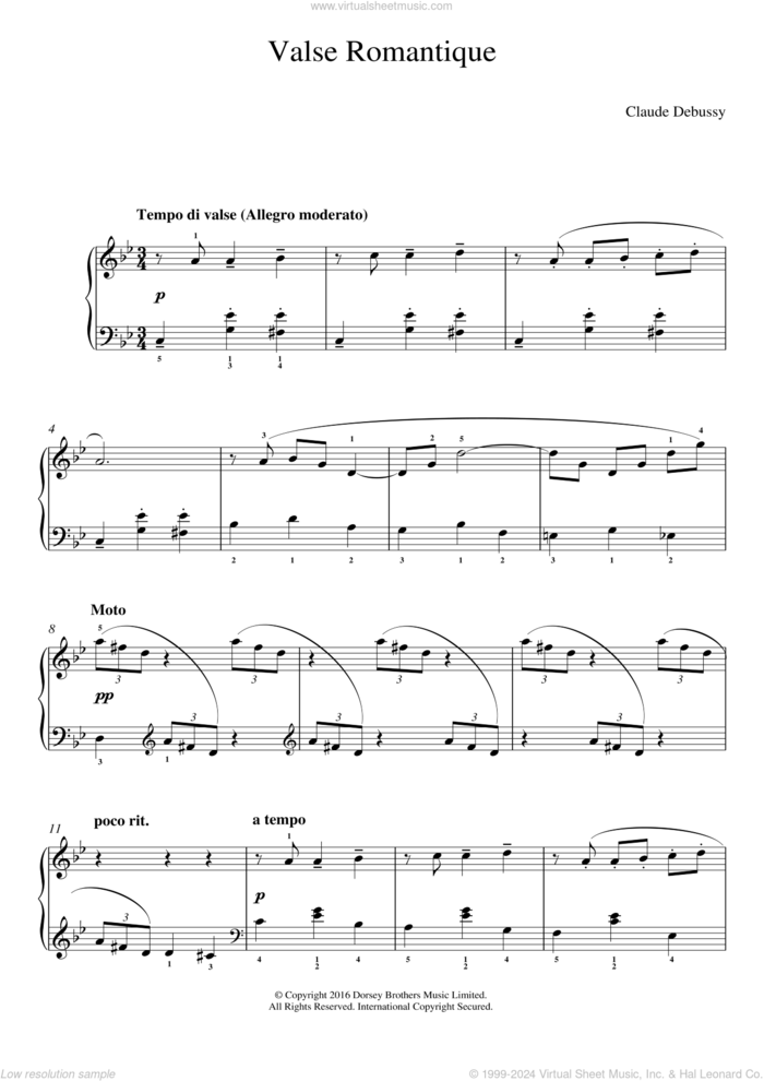 Valse Romantique, (easy) sheet music for piano solo by Claude Debussy, classical score, easy skill level