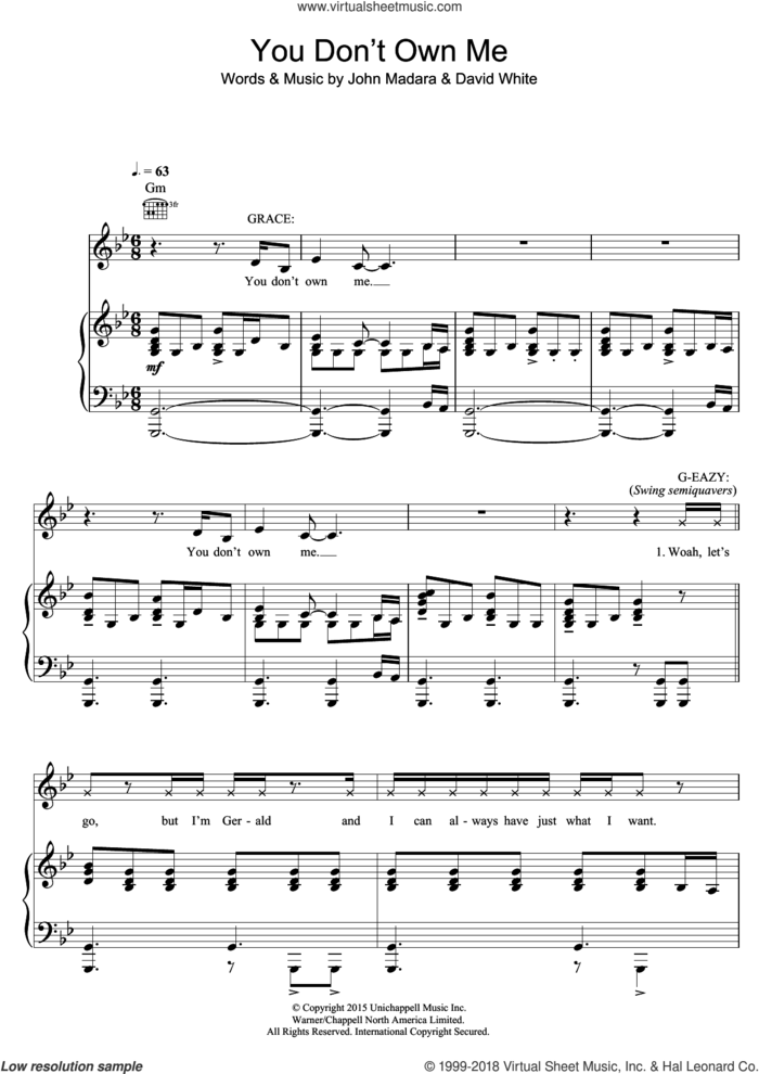 You Don't Own Me (featuring G-Eazy) sheet music for voice, piano or guitar by Grace, G-Eazy, David White and John Madara, intermediate skill level