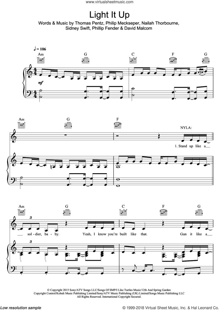 Light It Up (featuring Nyla and Fuse ODG) sheet music for voice, piano or guitar by Major Lazer, Fuse ODG, Nyla, David Malcom, Nailah Thorbourne, Philip Meckseper, Phillip Fender, Sidney Swift and Thomas Wesley Pentz, intermediate skill level