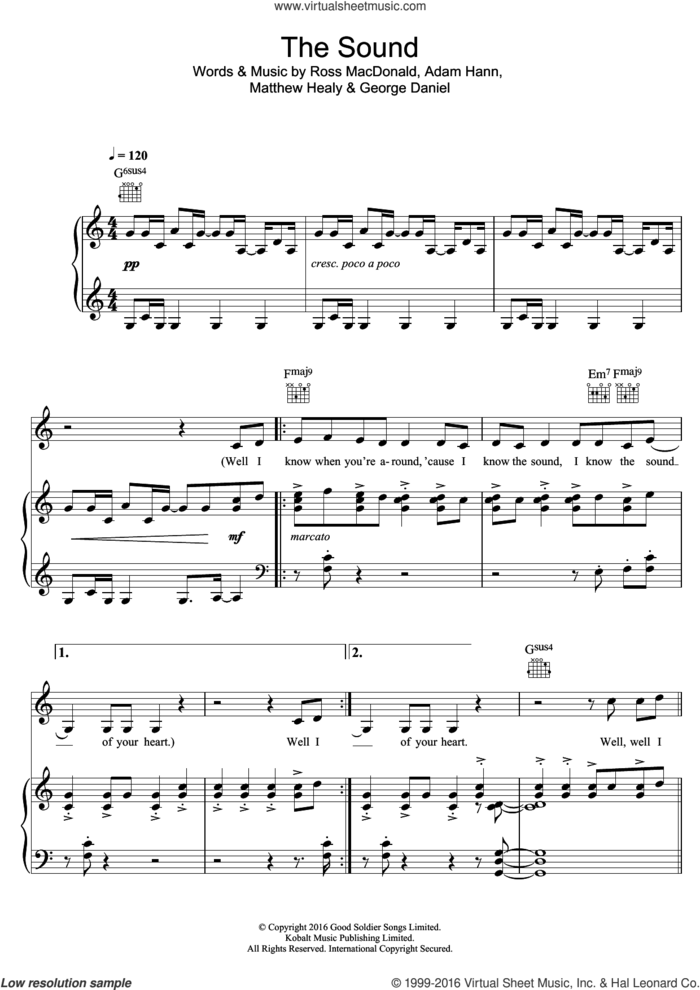 The Sound sheet music for voice, piano or guitar by The 1975, Adam Hann, George Daniel, Matthew Healy and Ross MacDonald, intermediate skill level