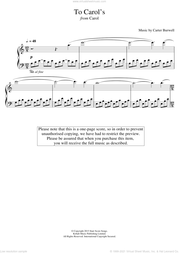 To Carol's (from 'Carol') sheet music for piano solo by Carter Burwell, intermediate skill level