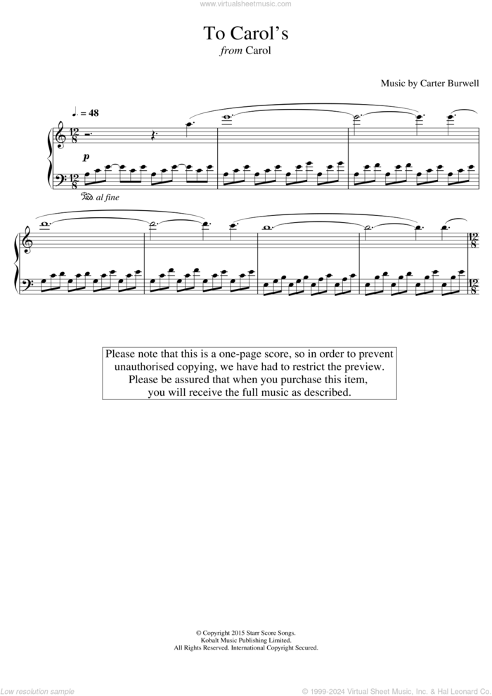 To Carol's (from 'Carol') sheet music for piano solo by Carter Burwell, intermediate skill level