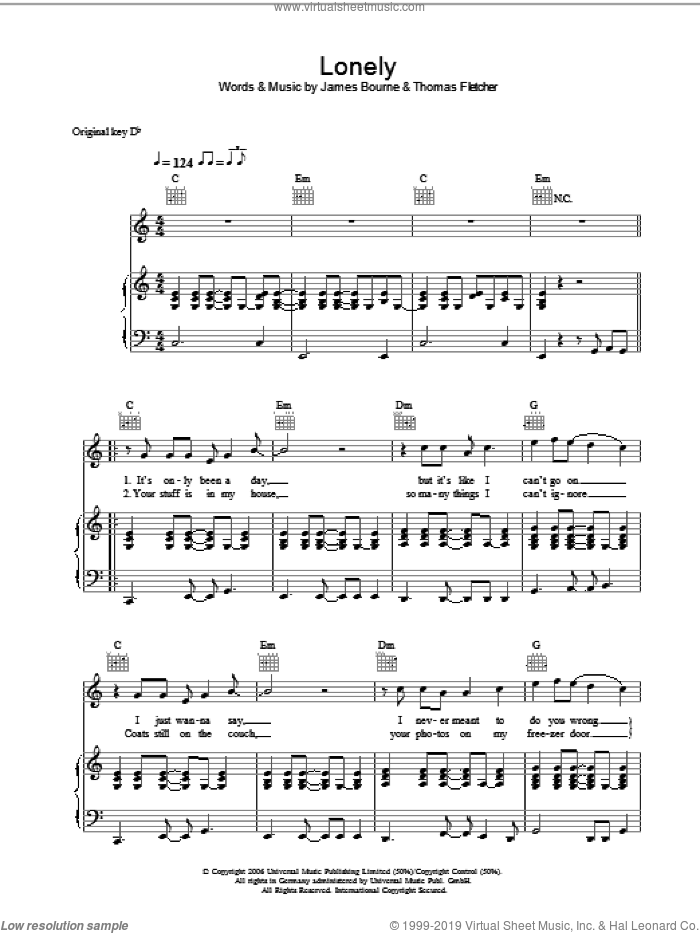 Lonely sheet music for voice, piano or guitar by McFly, James Bourne and Thomas Fletcher, intermediate skill level
