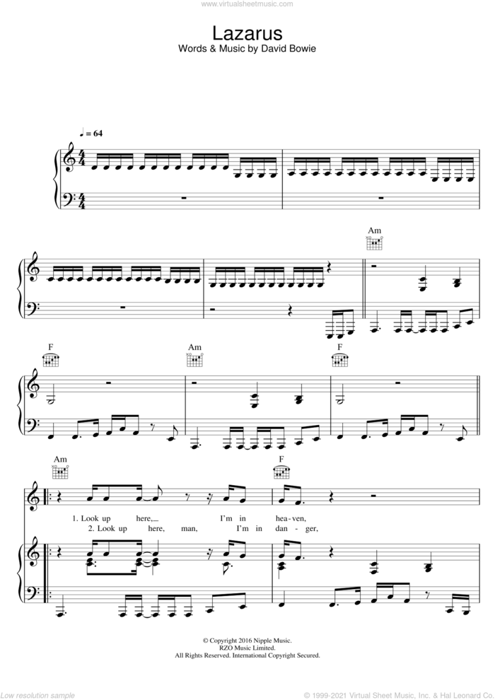 Lazarus sheet music for voice, piano or guitar by David Bowie, intermediate skill level