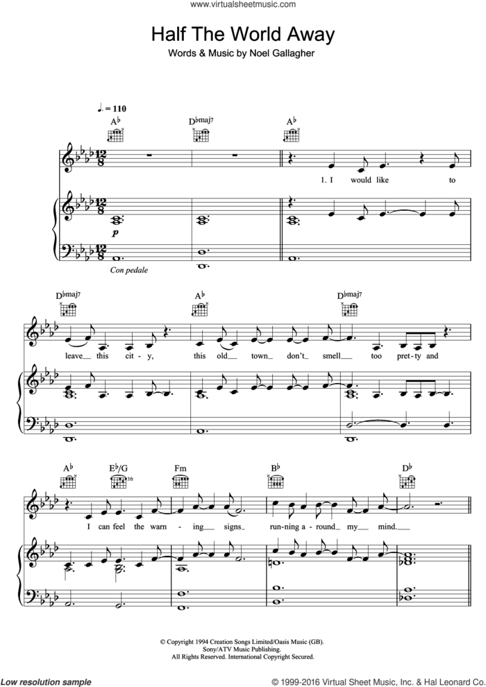 Half The World Away sheet music for voice, piano or guitar by Aurora, Oasis and Noel Gallagher, intermediate skill level