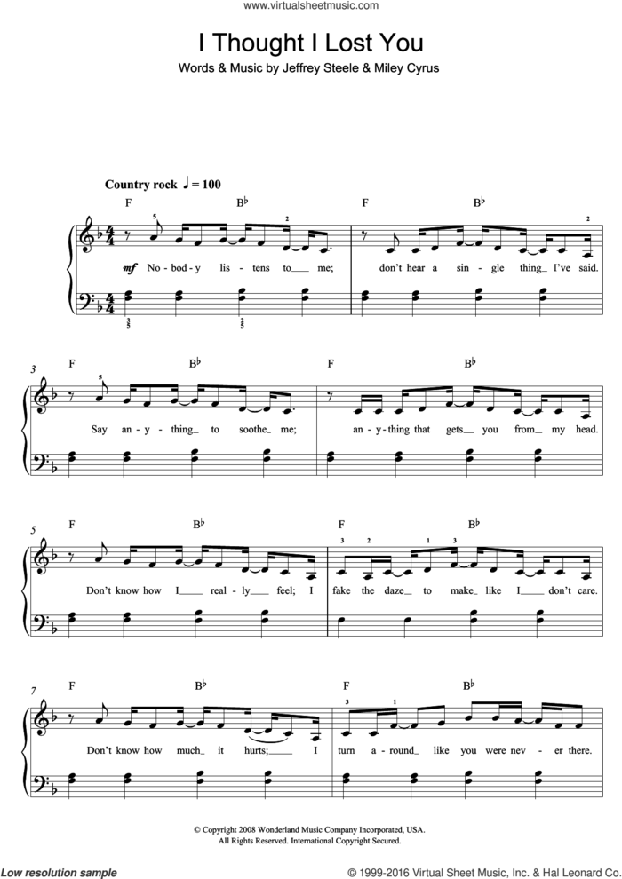 I Thought I Lost You (From Bolt) sheet music for voice, piano or guitar by Miley Cyrus, John Travolta and Jeffrey Steele, intermediate skill level