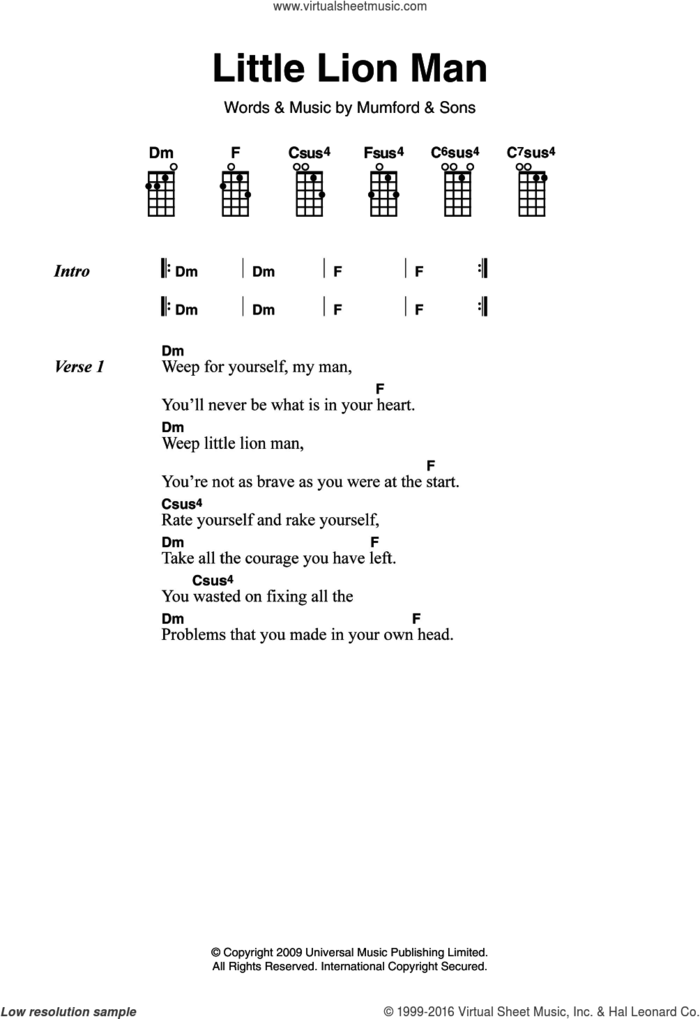 Little Lion Man sheet music for voice, piano or guitar by Mumford & Sons, intermediate skill level