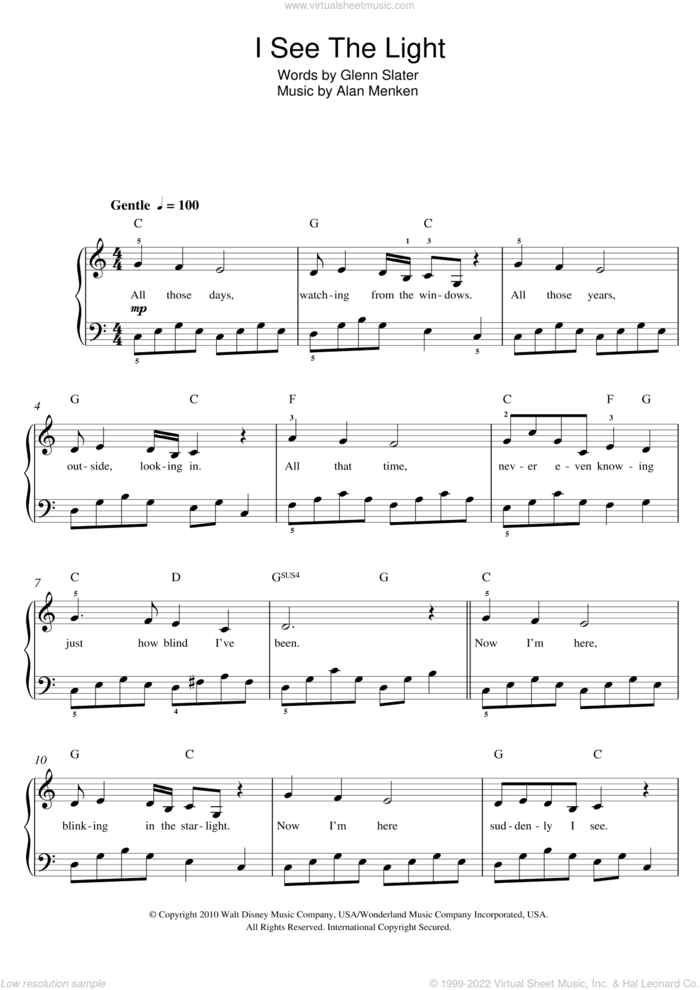 I See The Light (from Tangled) sheet music for voice, piano or guitar by Alan Menken and Glenn Slater, intermediate skill level