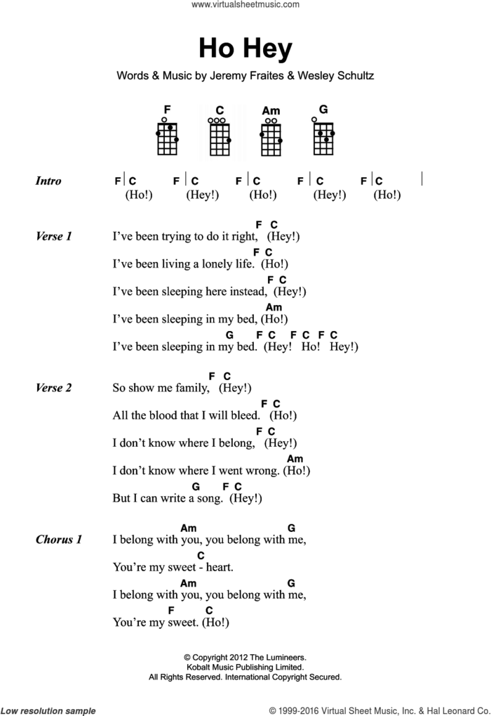 Ho Hey sheet music for ukulele (chords) by The Lumineers, Jeremy Fraites and Wesley Schultz, intermediate skill level