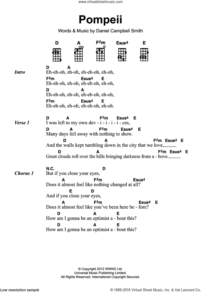 Pompeii sheet music for voice, piano or guitar by Bastille and Daniel Campbell Smith, intermediate skill level