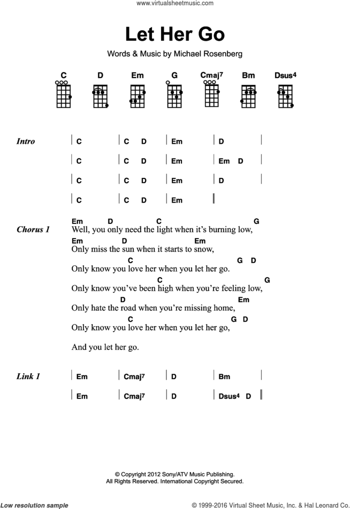 Let Her Go sheet music for voice, piano or guitar by Passenger and Michael Rosenberg, intermediate skill level