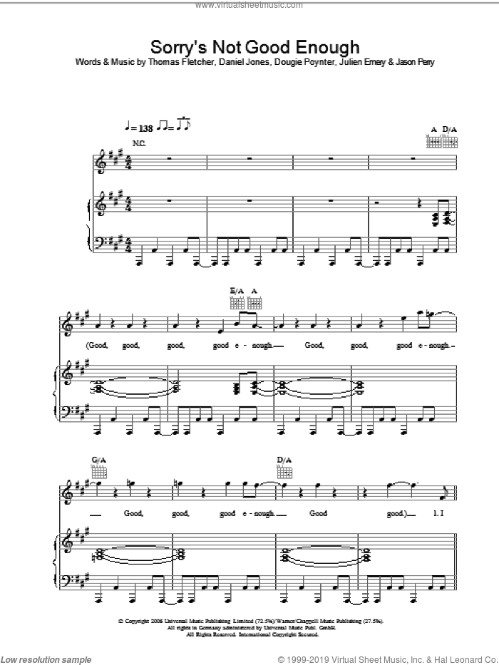 Sorry's Not Good Enough sheet music for voice, piano or guitar by McFly, Danny Jones, Dougie Poynter, Jason Perry, Julien Emery and Thomas Fletcher, intermediate skill level