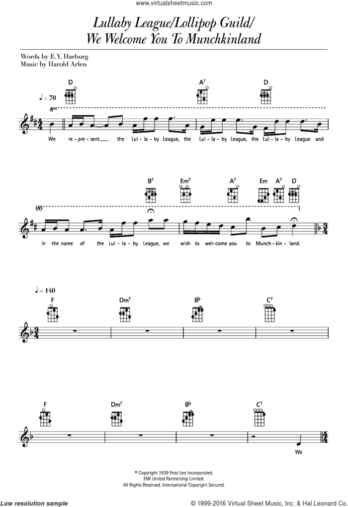 Lullaby League/Lollipop Guild/We Welcome You To Munchkinland (from 'The Wizard Of Oz') sheet music for ukulele by Harold Arlen and E.Y. Harburg, intermediate skill level