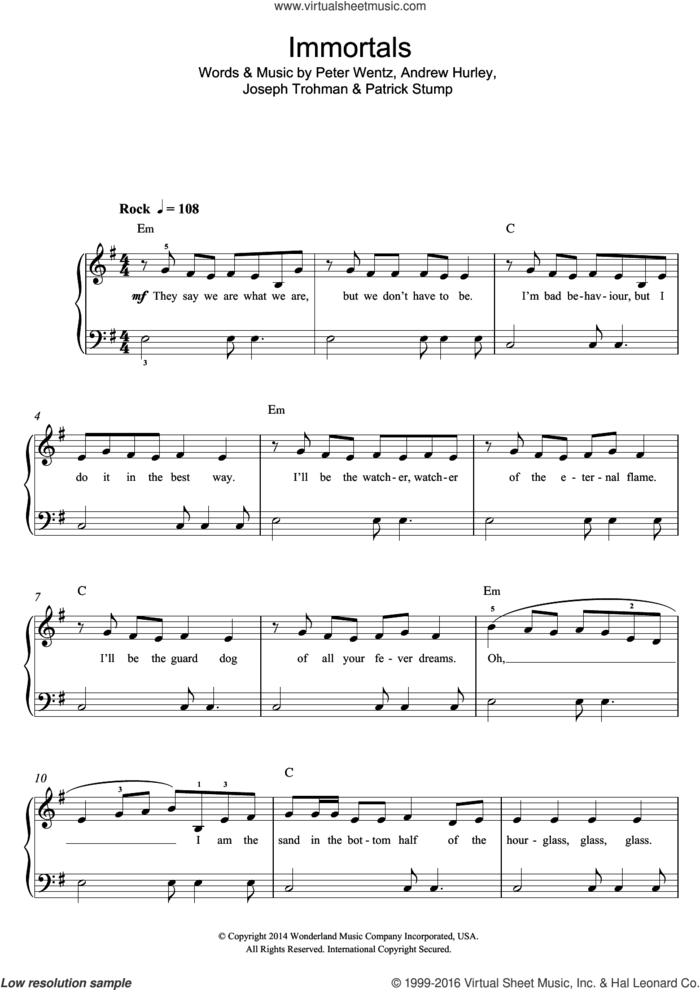Immortals (From 'Big Hero 6') sheet music for voice, piano or guitar by Fall Out Boy, Andrew Hurley, Joseph Trohman, Patrick Stump and Peter Wentz, intermediate skill level