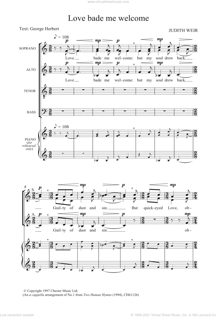 Love Bade Me Welcome sheet music for voice, piano or guitar by Judith Weir and George Herbert, classical score, intermediate skill level