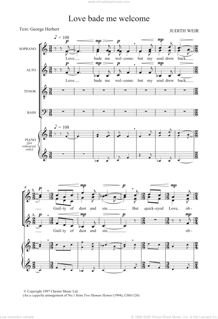 Love Bade Me Welcome sheet music for voice, piano or guitar by Judith Weir and George Herbert, classical score, intermediate skill level