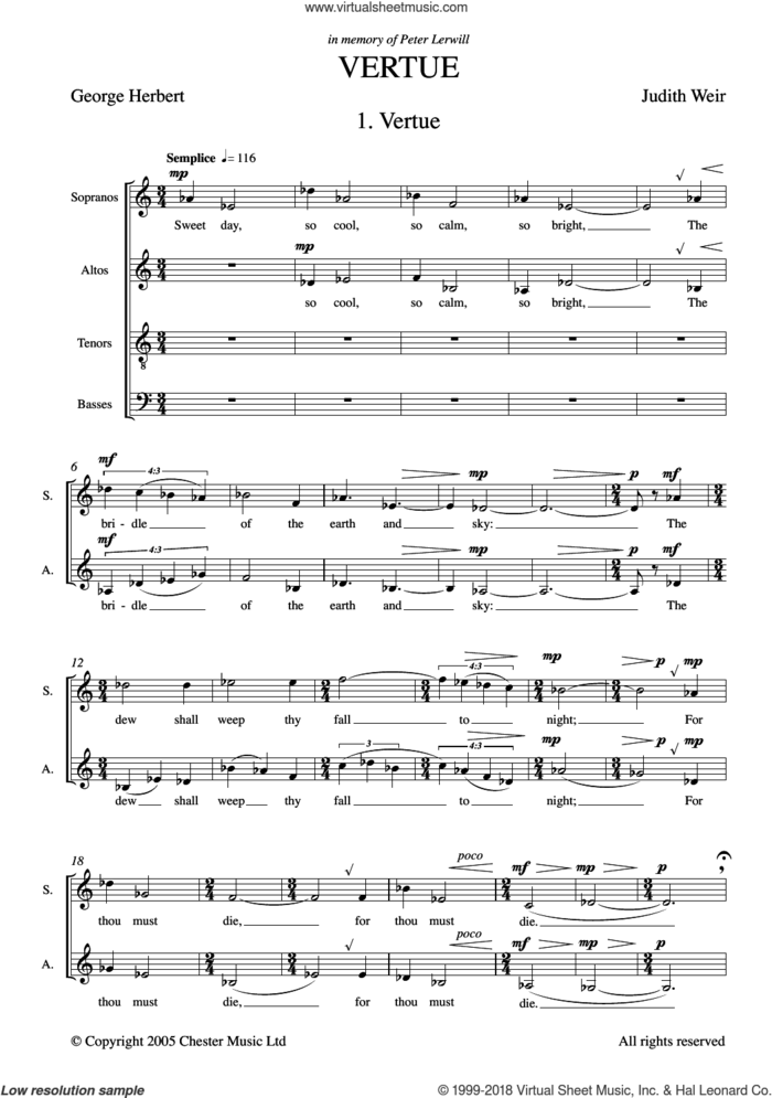 Vertue sheet music for choir by Judith Weir and George Herbert, classical score, intermediate skill level