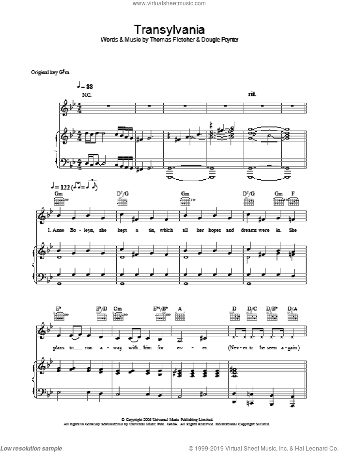 Transylvania sheet music for voice, piano or guitar by McFly, Dougie Poynter and Thomas Fletcher, intermediate skill level