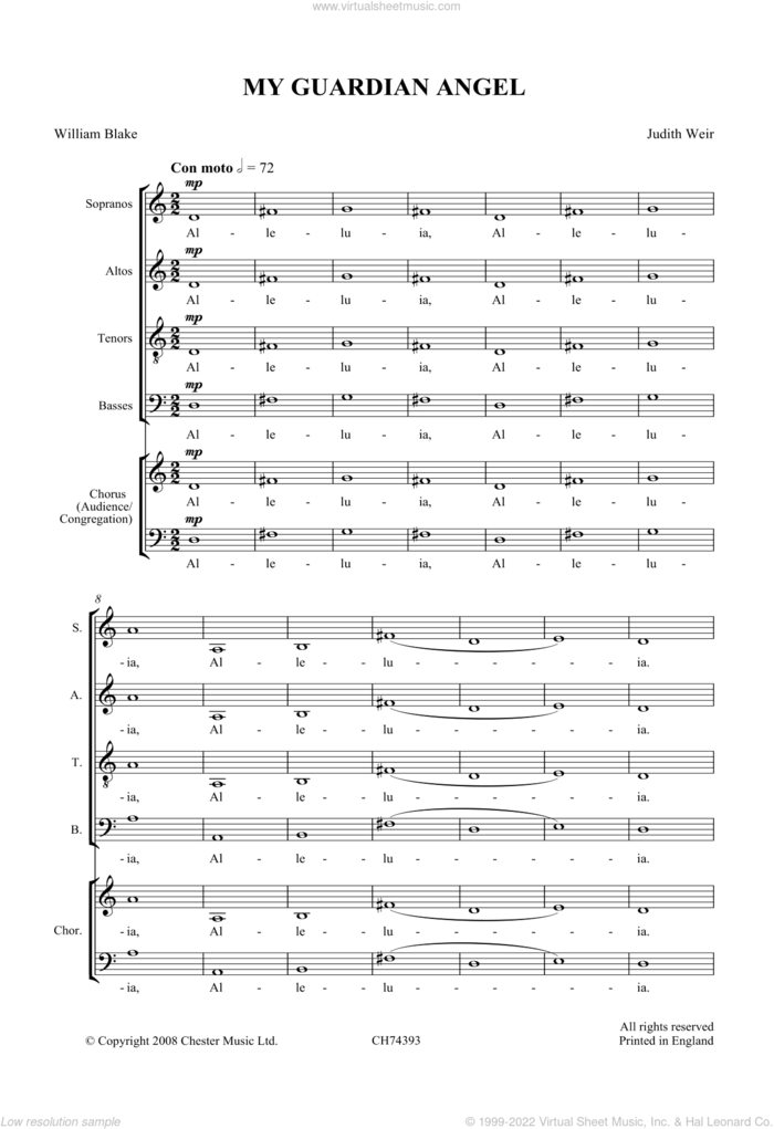 My Guardian Angel sheet music for choir (SATB: soprano, alto, tenor, bass) by Judith Weir and William Blake, classical score, intermediate skill level
