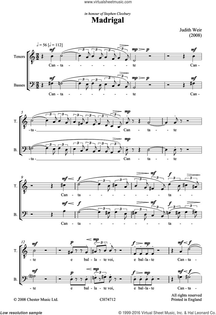 Madrigal sheet music for voice, piano or guitar by Judith Weir and Liturgical, classical score, intermediate skill level