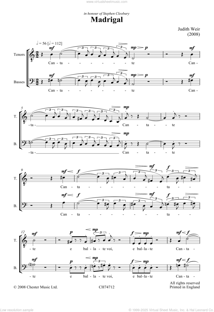 Madrigal sheet music for voice, piano or guitar by Judith Weir and Liturgical, classical score, intermediate skill level