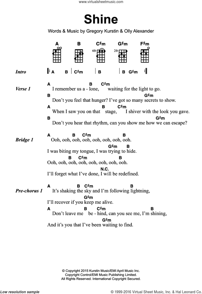 Shine sheet music for voice, piano or guitar by Years & Years, Greg Kurstin and Olly Alexander, intermediate skill level