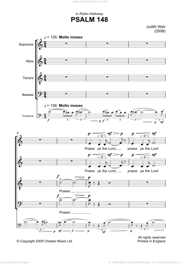 Psalm 148 sheet music for choir by Judith Weir and Liturgical Text, classical score, intermediate skill level