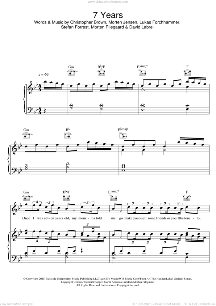 7 Years sheet music for voice, piano or guitar by Lukas Graham, Chris Brown, David Labrel, Lukas Forchhammer, Morten Jensen, Morten Pilegaard and Stefan Forrest, intermediate skill level