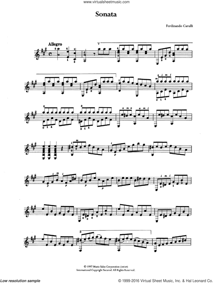Sonata sheet music for guitar solo (chords) by Ferdinando Carulli, classical score, easy guitar (chords)
