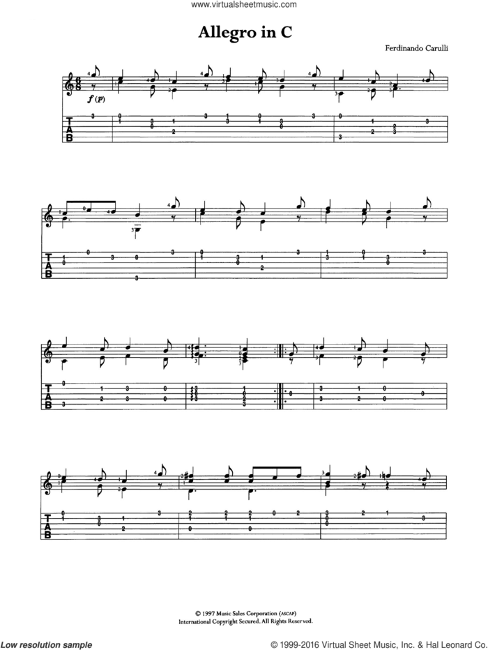 Allegro In C sheet music for guitar (tablature) by Ferdinando Carulli, classical score, intermediate skill level