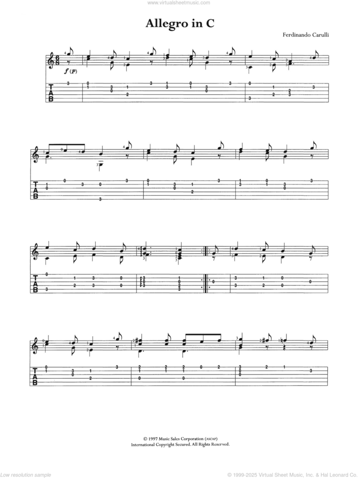 Allegro In C sheet music for guitar (tablature) by Ferdinando Carulli, classical score, intermediate skill level